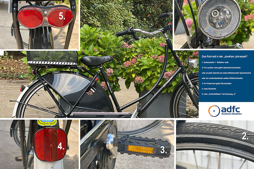 Beleuchtung am Rad Ein Fahrrad mit allen vorgeschriebenen Lampen vorne und hinten sowie zusätzlichen Reflektoren in den Lampen, an den Pedalen sowie als rundumlaufender Refkeltorstreifen an beiden Rädern oder alternativ in den Speichen.